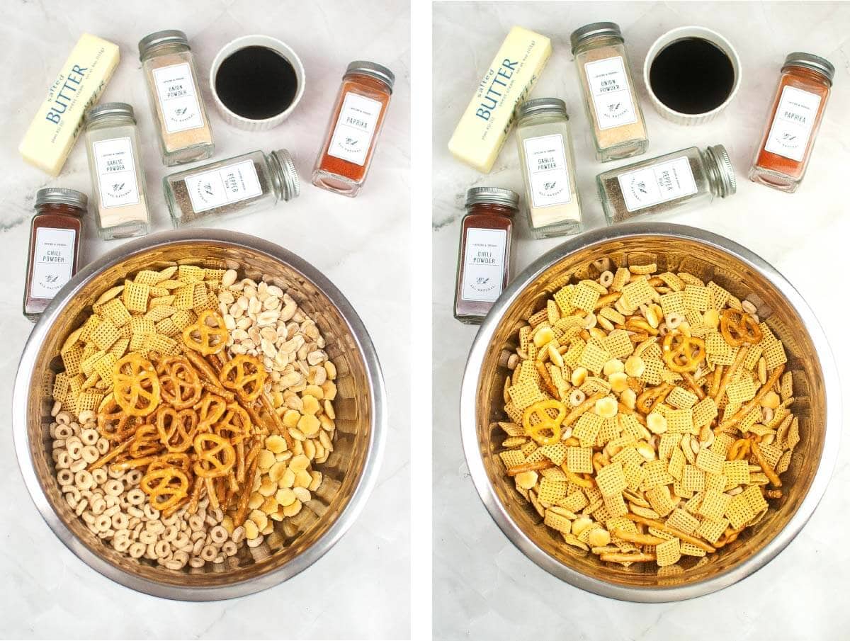 mixing bowl with dry cereal, nuts, pretzels added, same bowl with ingredients mixed.