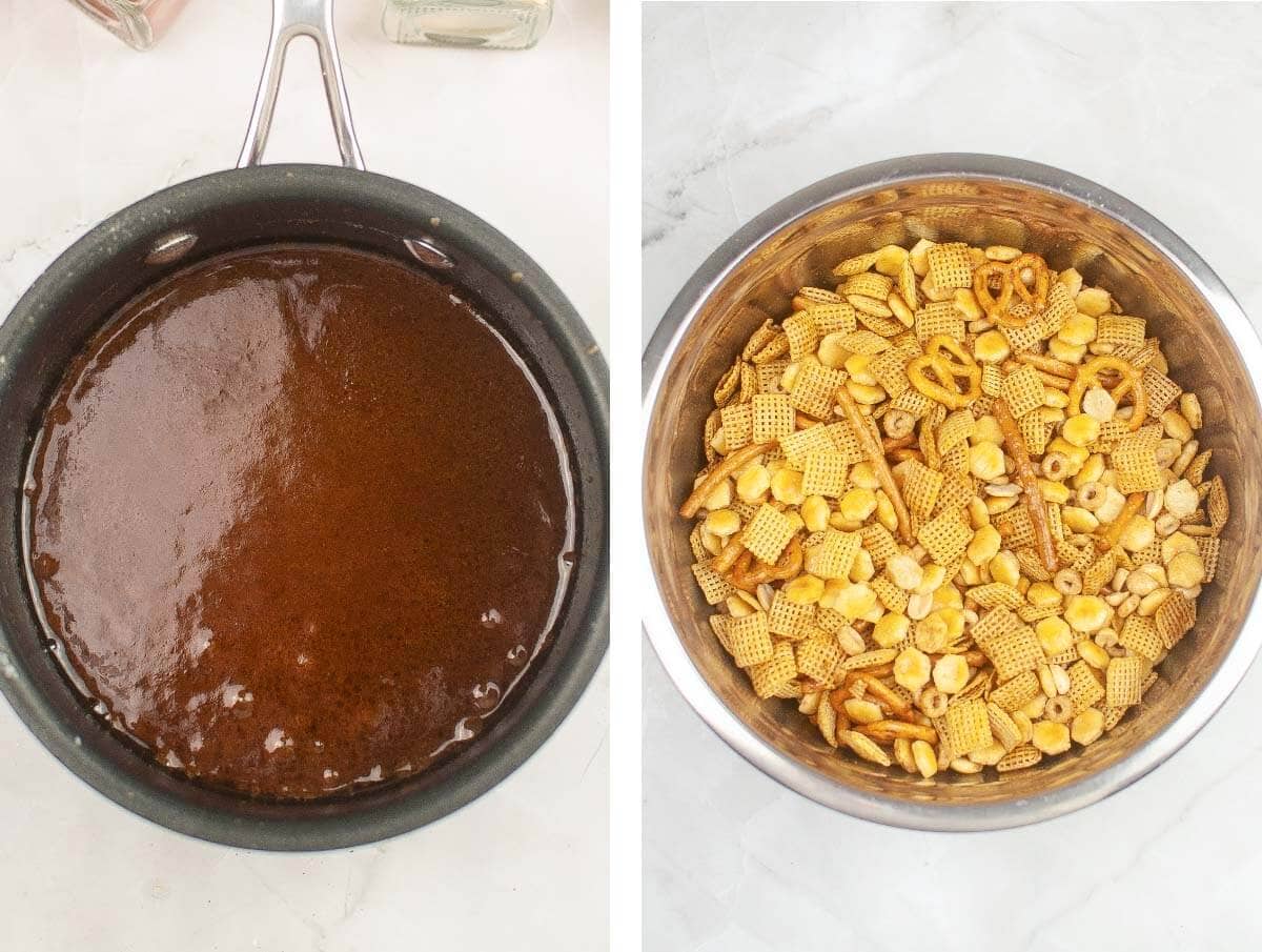 sauce mixture in pan, bowl of cereal mixture.