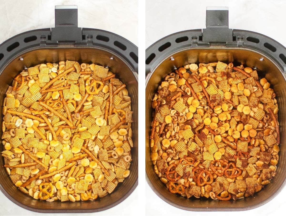 chex mix in AF basket before air frying, and after air frying.