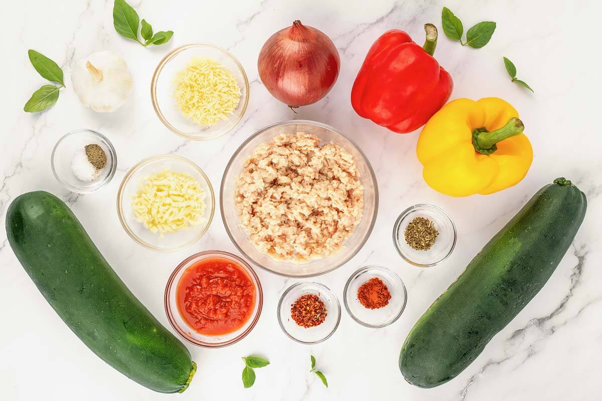 Stuffed Zucchini Boats ingredients shot.