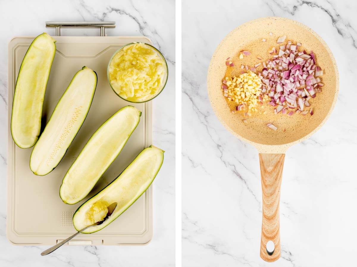 scooping out zucchini, onion and garlic in pan.