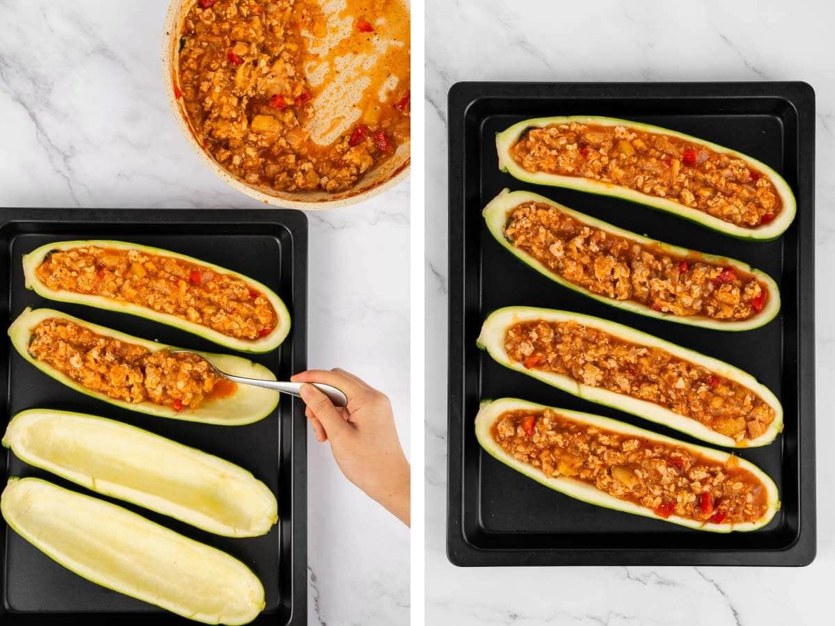 hand with spoon stuffing zucchini, 4 stuffed zucchinis.