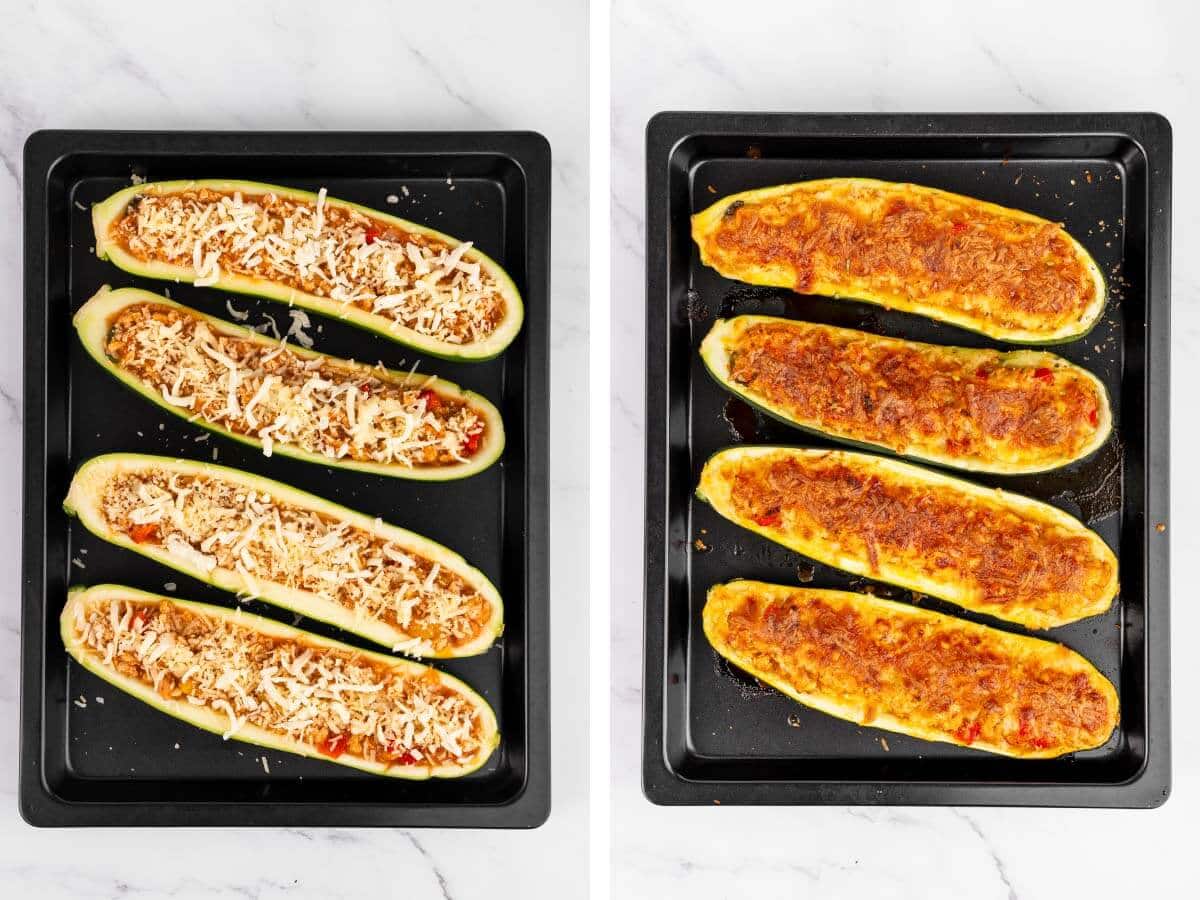zucchinis stuffed ready to bake, baked zucchini boats,