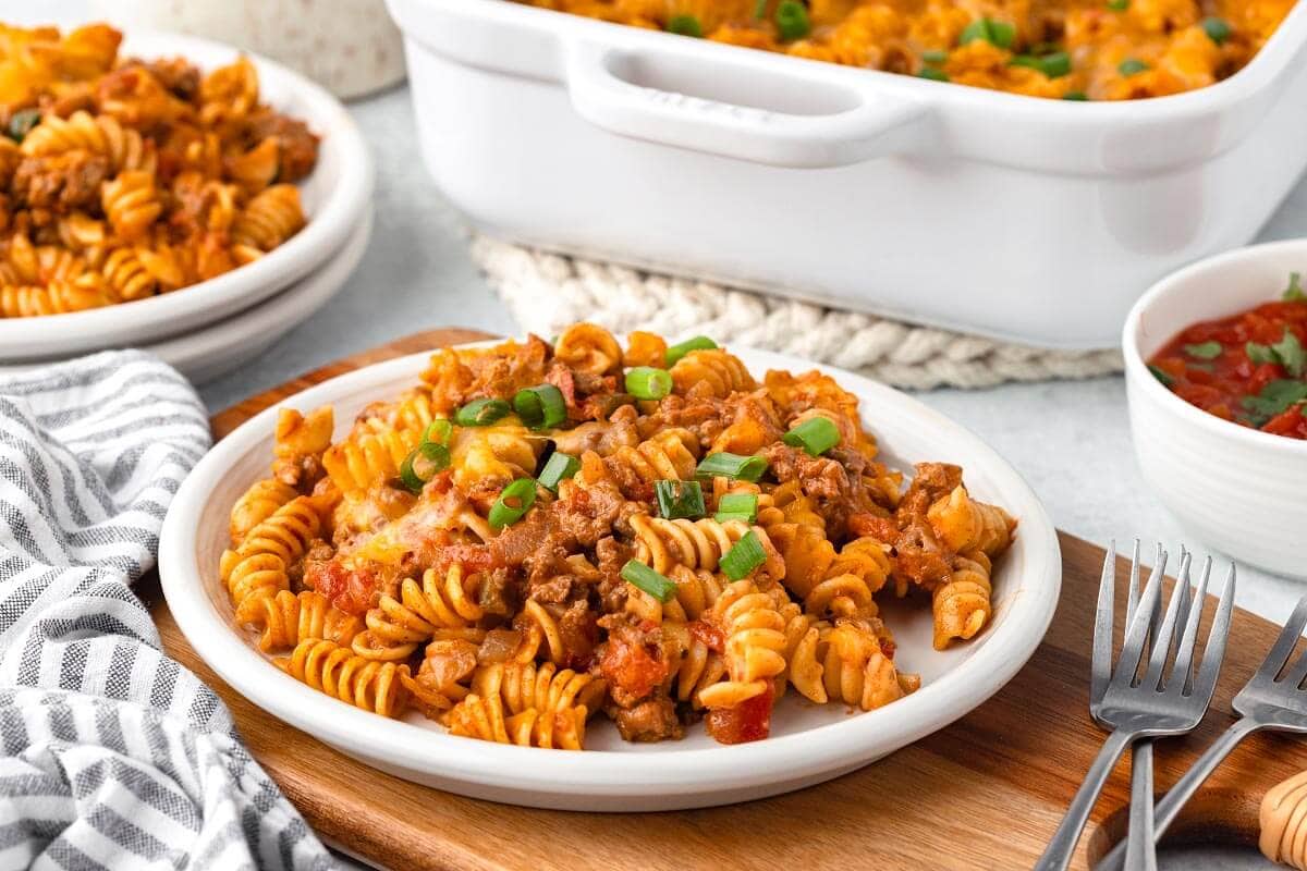 pasta dish on a white plate.