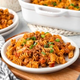 Cheesy Taco Pasta Casserole on a white plate