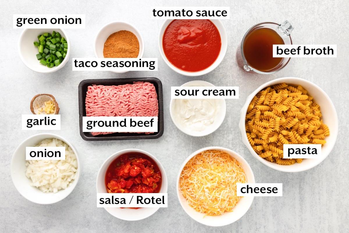 Cheesy Taco Pasta Casserole ingredients shot