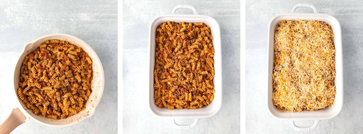 3 image collage of pasta with ingredients added and in a baking dish.