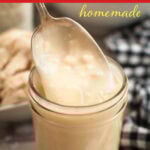Condensed Cream of Chicken Soup in a jar with some on a spoon.
