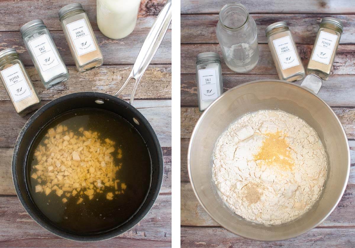 heat broth and chicken in pot, add flour and spices to a bowl.