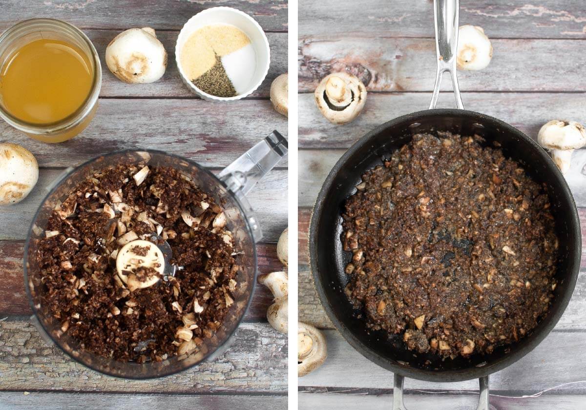 mushrooms in food processor, sautéing mushrooms