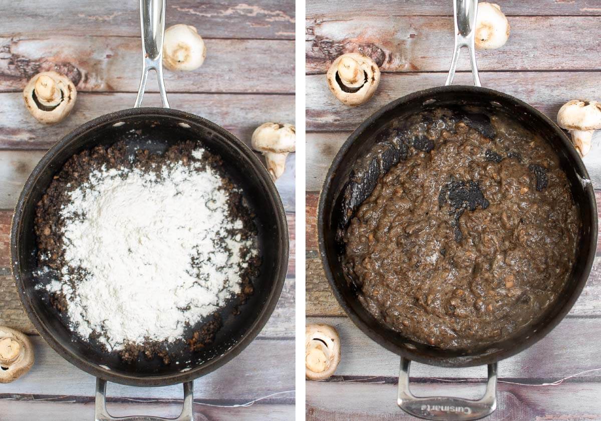 flour added to cooked mushrooms, mixture stirred up.