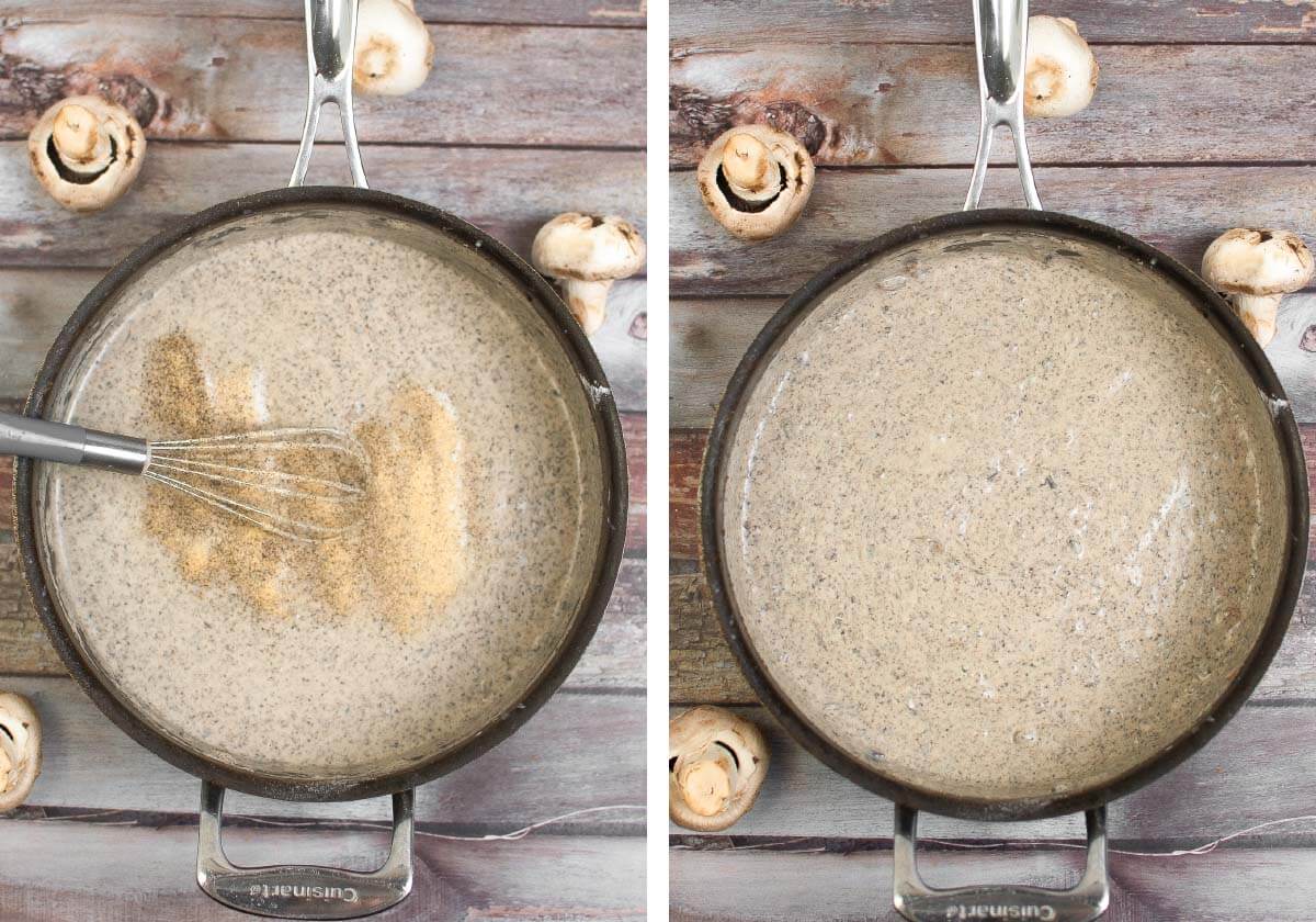 Seasonings and milk added to mushrooms, thickened mixture.