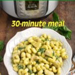 Instant Pot Chicken Pesto Pasta in white bowl.