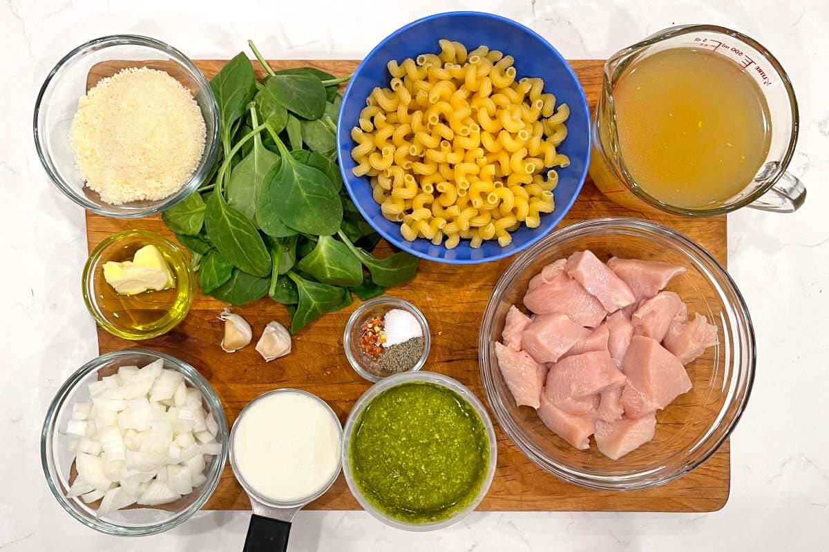 Instant Pot Chicken Pesto Pasta ingredients shot.