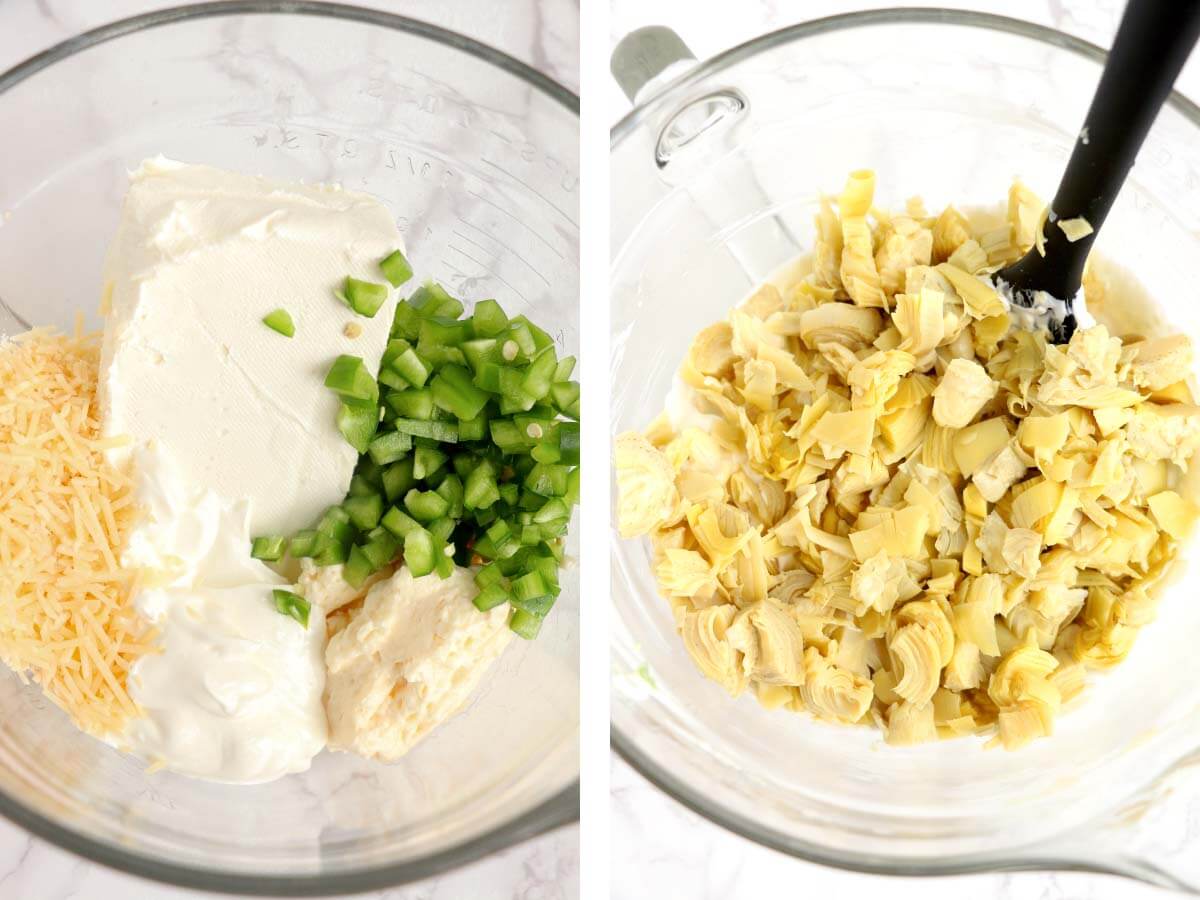 dip ingredients in a bowl, chopped artichokes in a bowl.