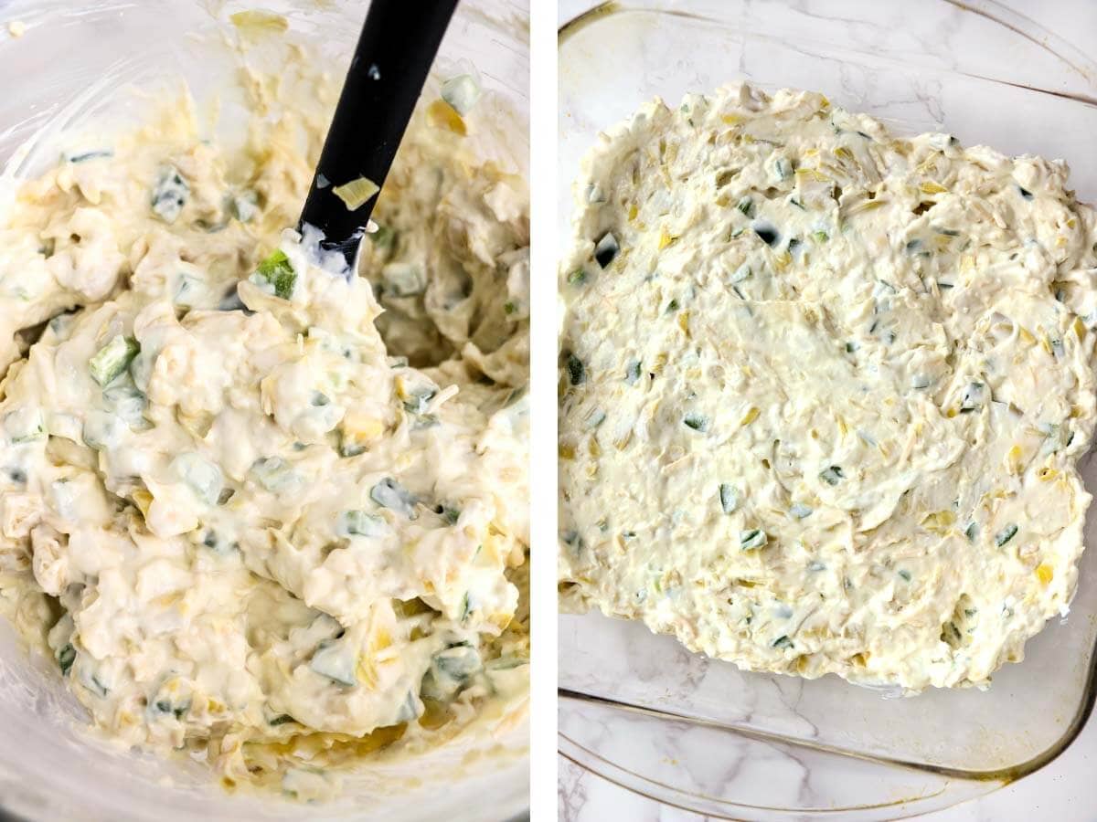 mixing dip in a bowl, unbaked dip in baking dish.