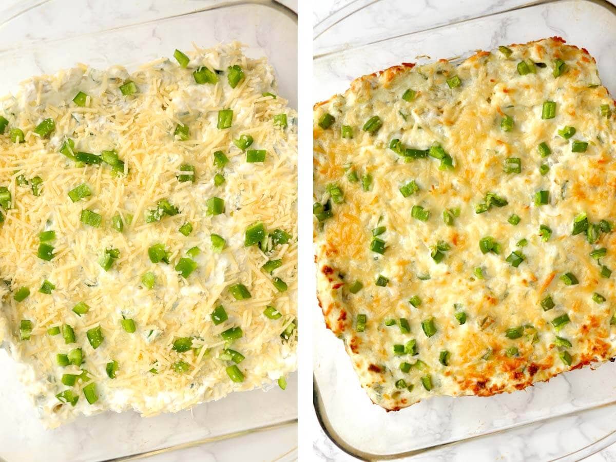 parmesan and jalapeños on unbaked dip, baked dip in dish.