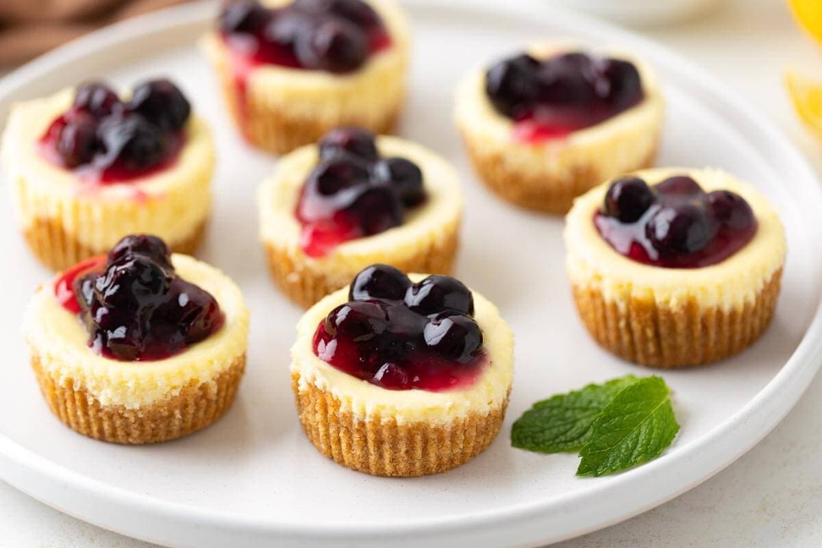 Mini Cheesecakes with blueberry filling on a white plate.