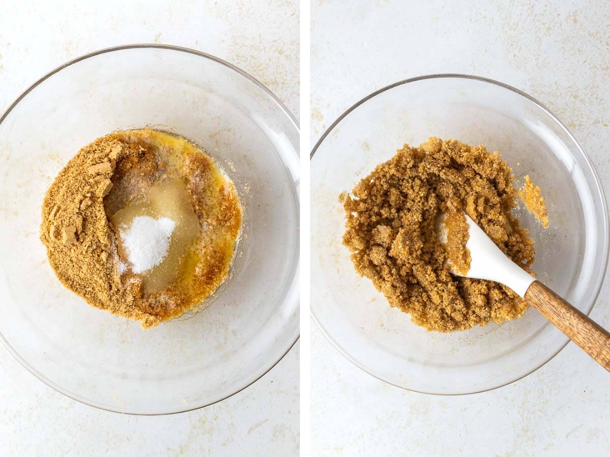 mixing bowl with graham cracker crust ingredients.