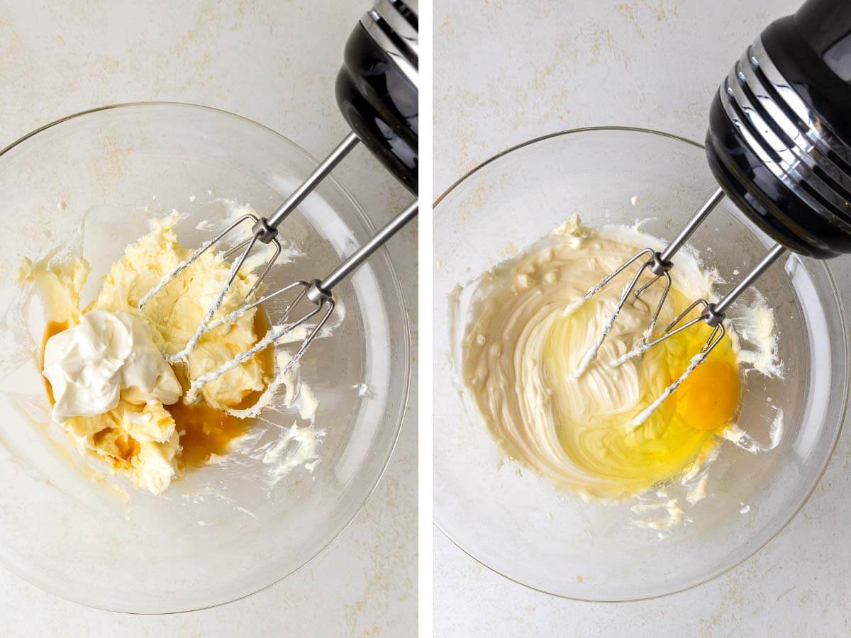 mixer mixing cheesecake filling, adding egg.