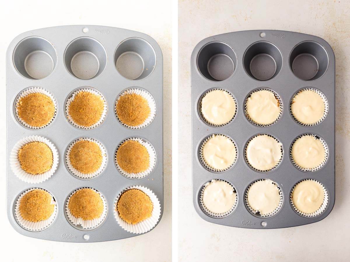 graham cracker crust in tin, filling in crust in tin.