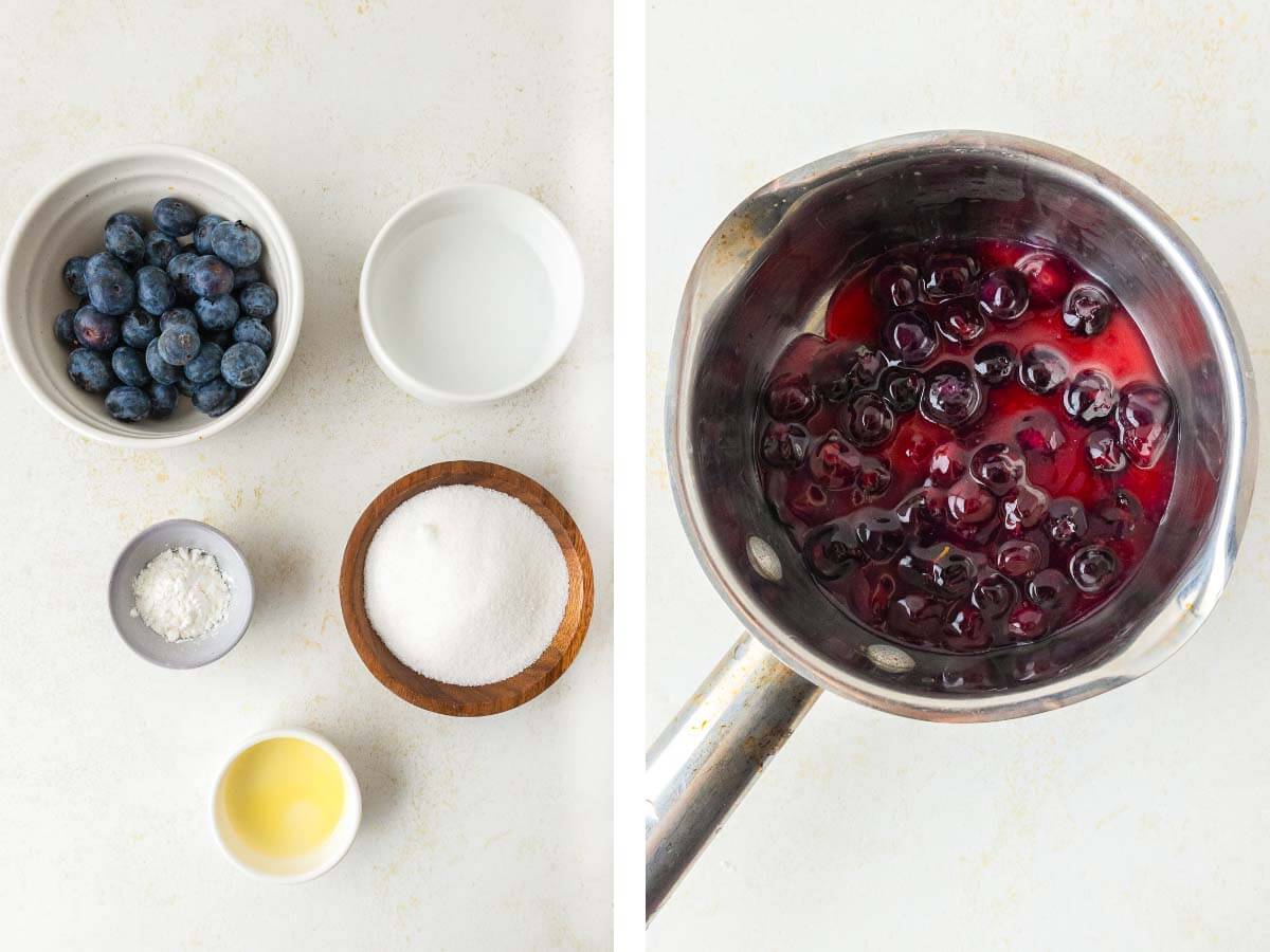 ingredients shot for bluebery filling, blueberry filling cooking in pot.