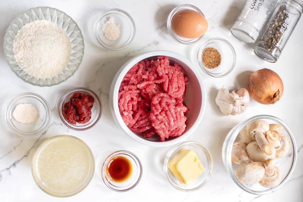 Salisbury Steak Meatballs ingredients shot.
