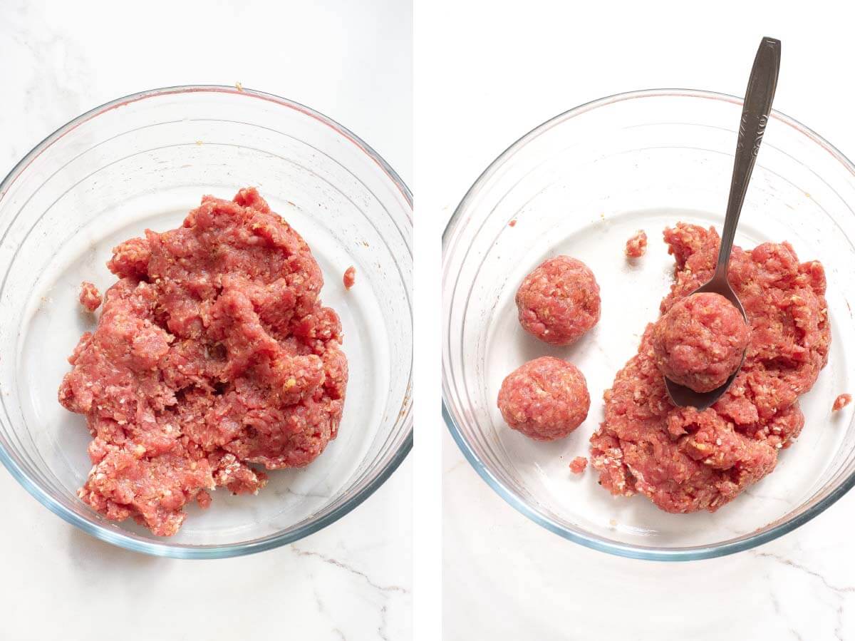 ground beef in clear bowl, forming meatballs in bowl.
