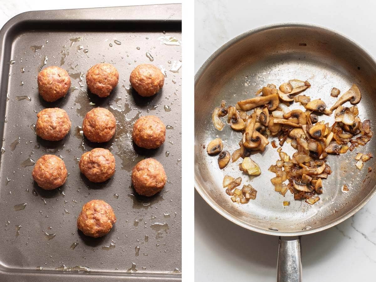 10 baked meatballs on pan, skillet with cooked mushrooms.