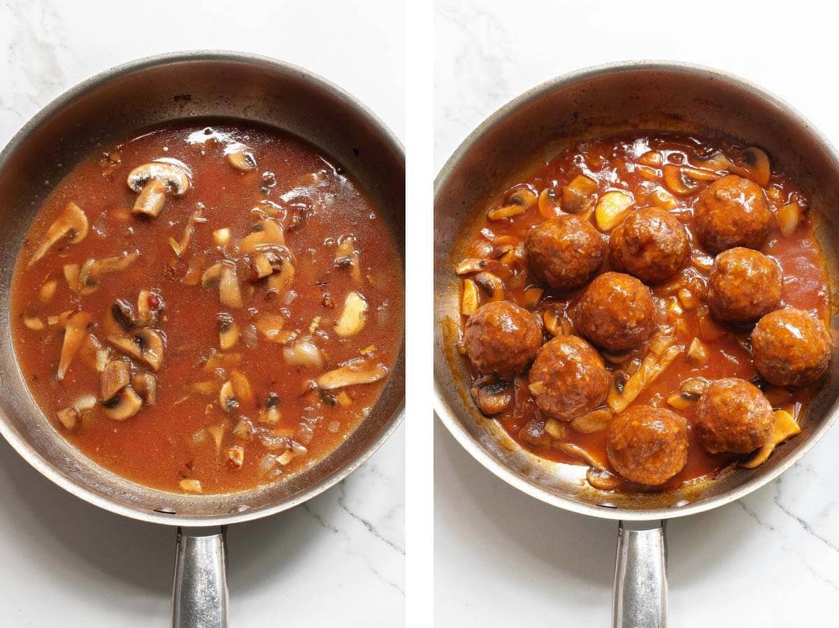 skillet with mushroom gravy in it, meatballs added to skillet.