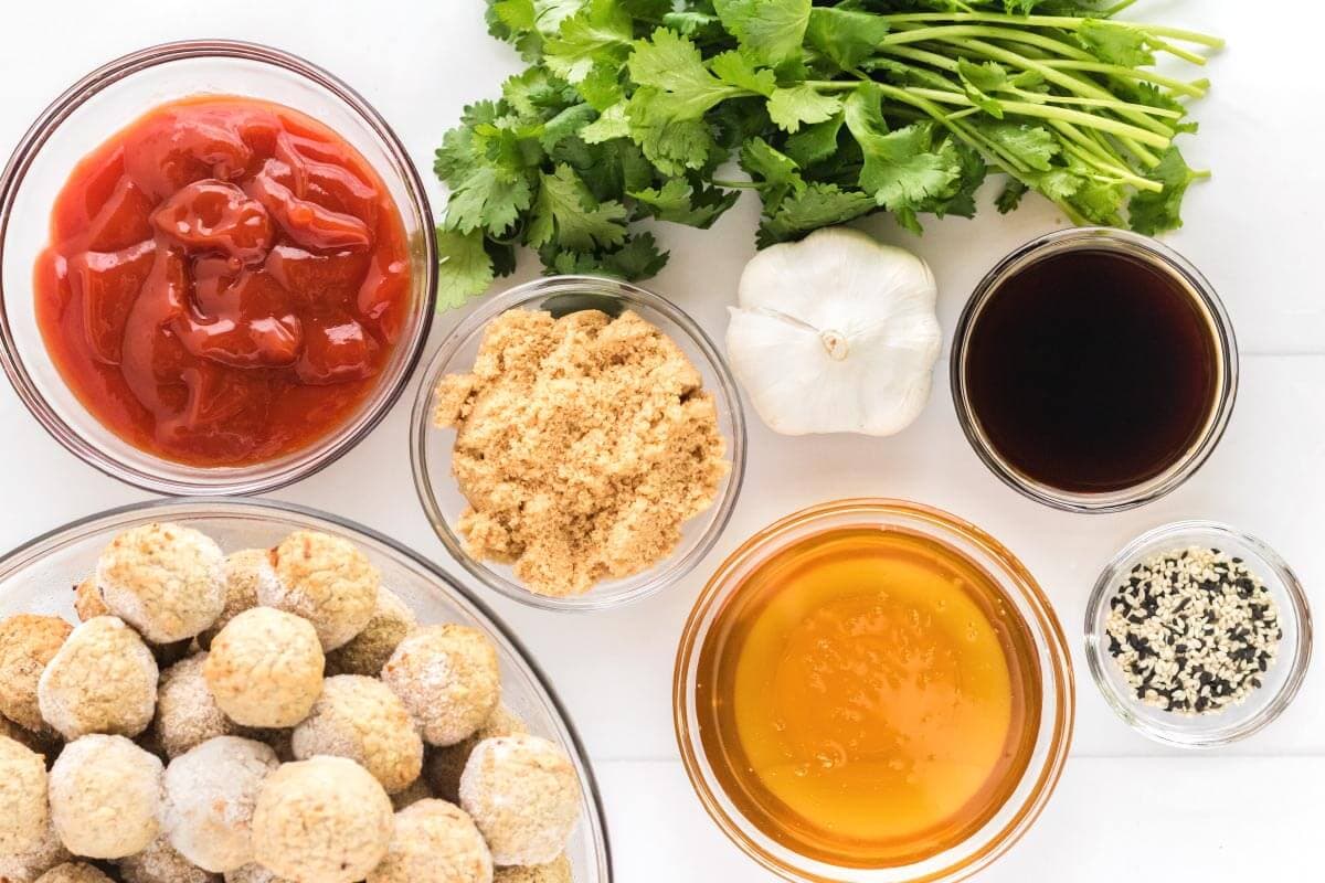 Slow Cooker Honey Garlic Meatballs ingredients shot.
