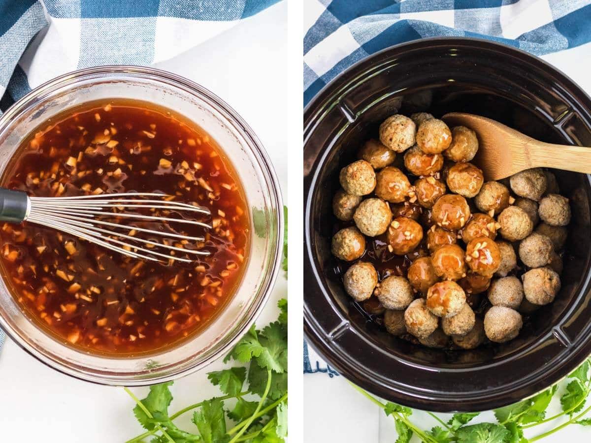 whisking sauce in bowl, meatballs in crock with sauce.