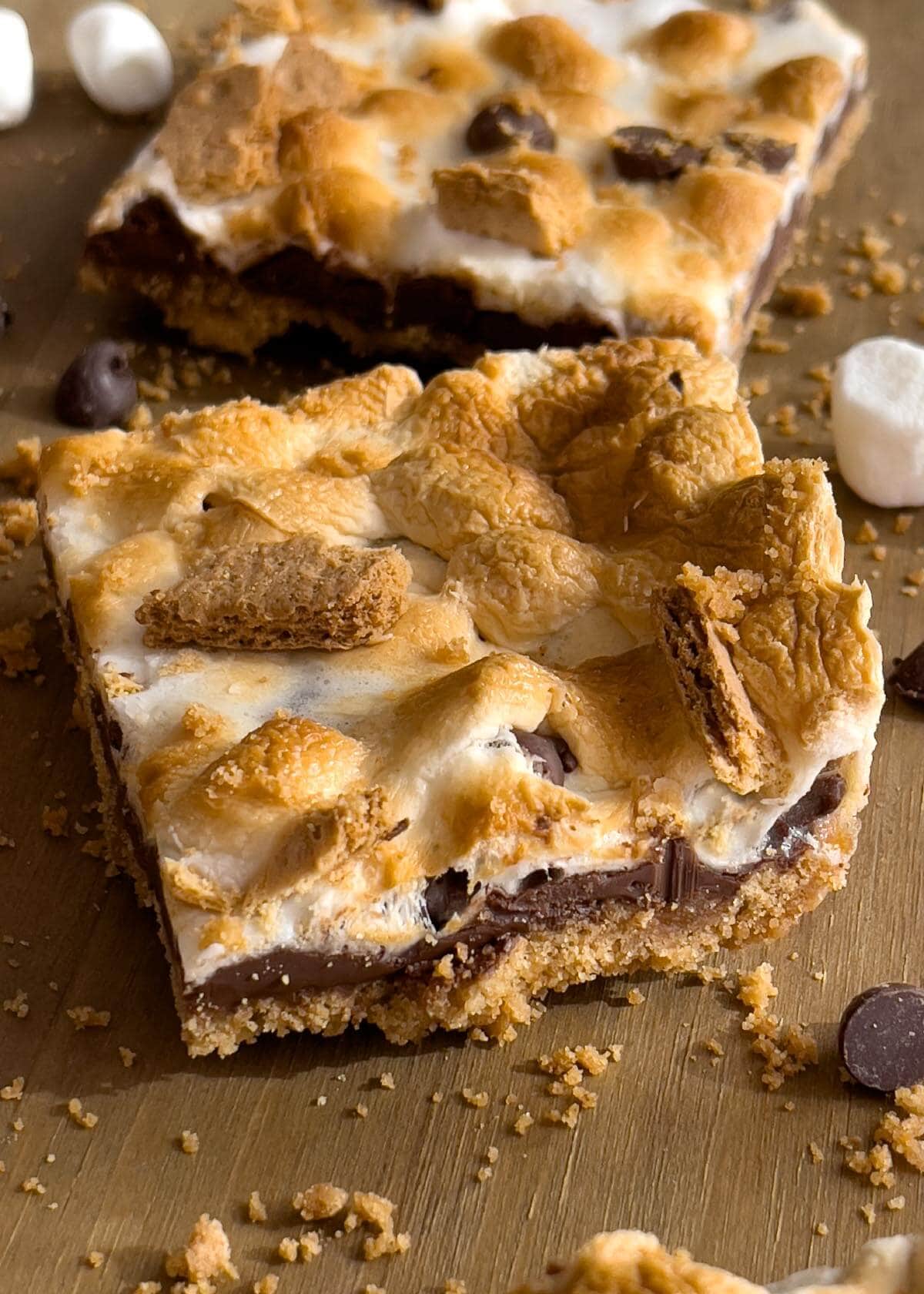 S'mores Bars on a wood surface.