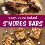 S'mores Bars on a wood board, collage of 2 images on pin.
