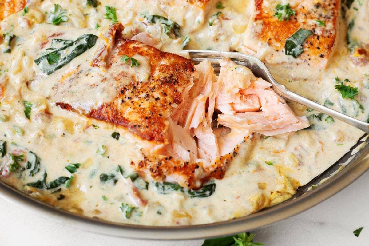 Salmon fillet in cream sauce broken up with a fork.