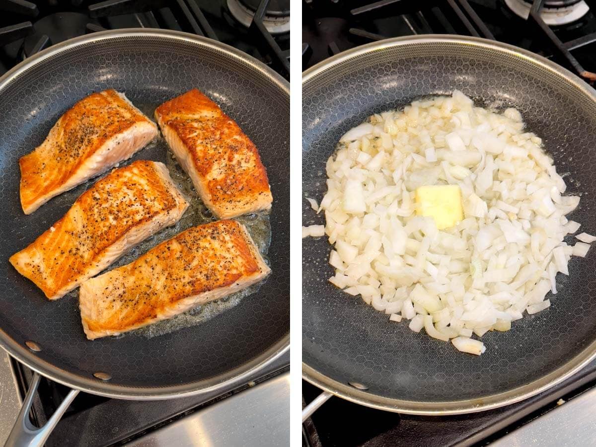 searing salmon in skillet, frying onions in skillet.