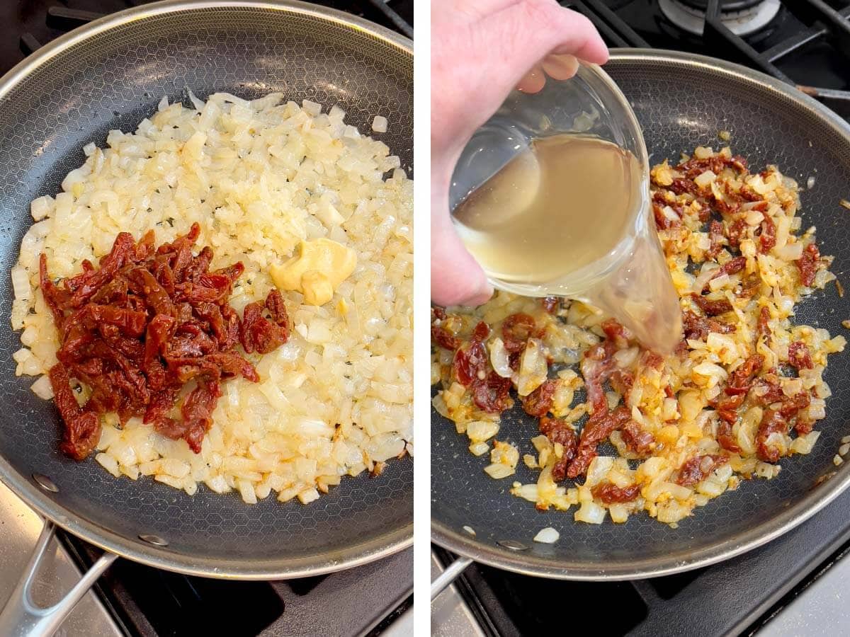 sun dried tomatoes, garlic, dijon added to onion, pouring broth in onion mix.