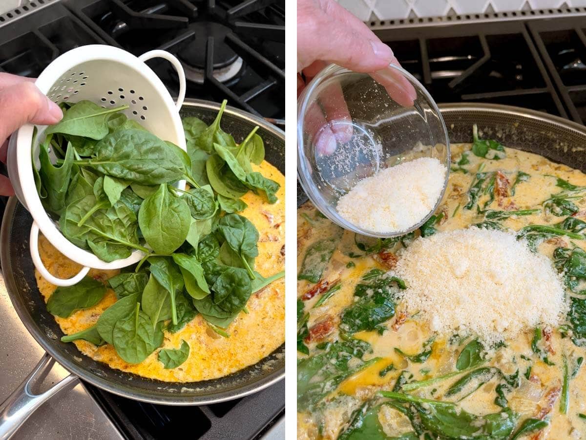 adding baby spinach to onion to sauce, adding parmesan to sauce.