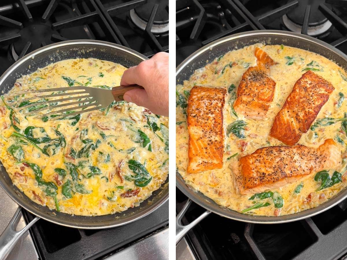 stirring sauce, cooked Creamy Garlic Tuscan Salmon fillets added to sauce.