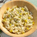 Dill Pickle Pasta Salad in wood bowl.