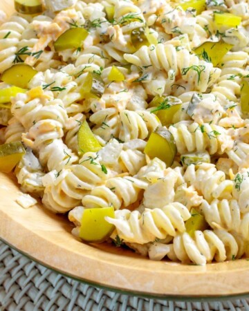 Dill Pickle Pasta Salad in wood bowl.