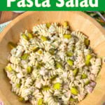 Dill Pickle Pasta Salad in wood bowl.