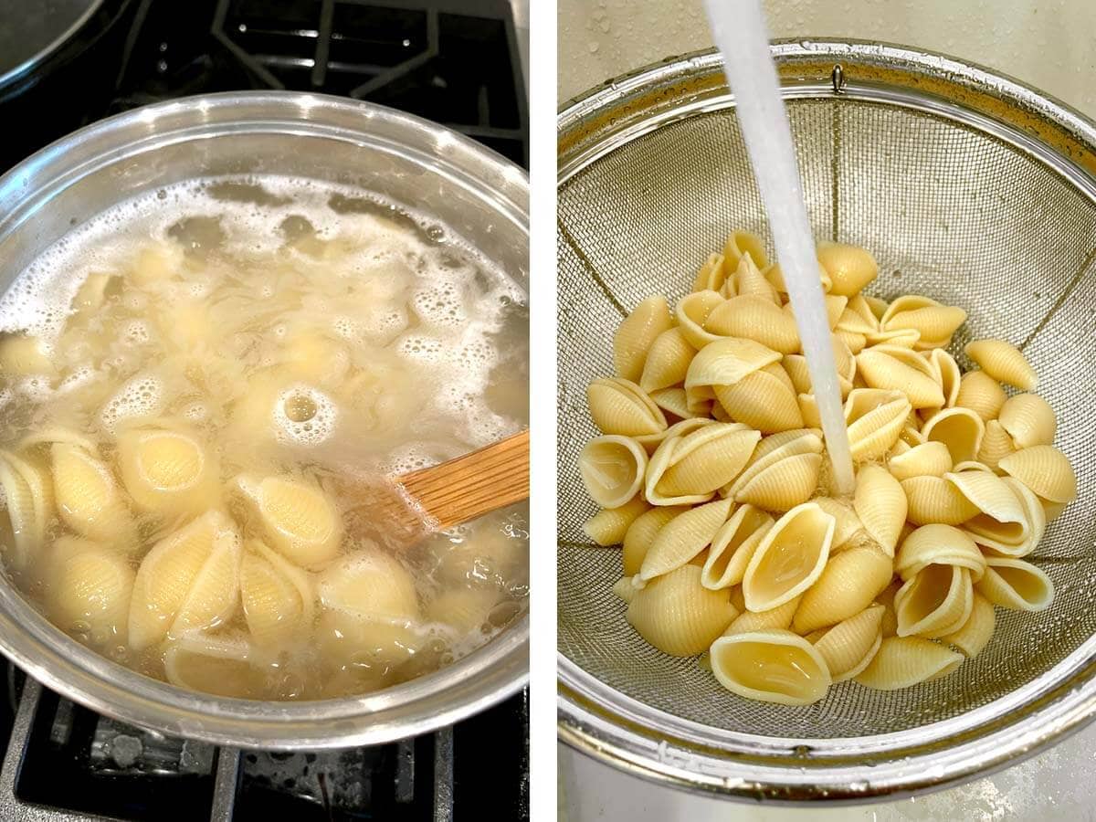 boiling pasta, rinsing cooked pasta.