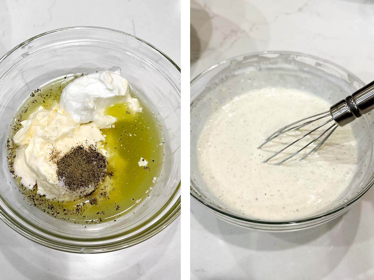 dressing ingredients in glass bowl, whisking dressing.