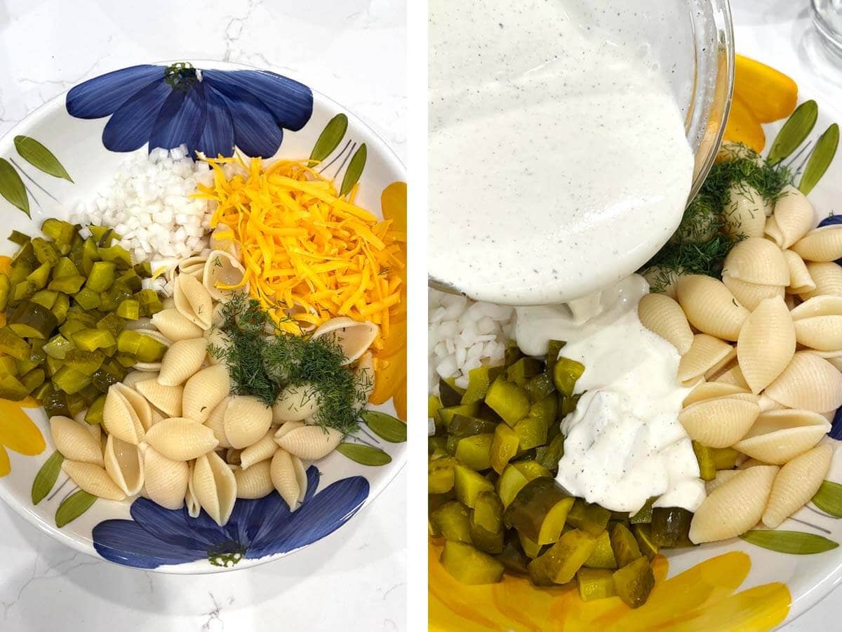 Dill Pickle Pasta Salad ingredients added to bowl, pouring dressing over ingredients.