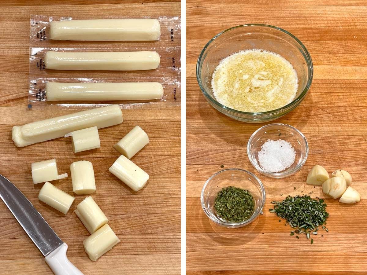 cutting mozzarella stickes into 1-inch pieces, ingredients for seasoned melted butter on a board.