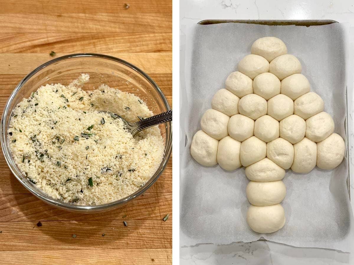 parmesan mixture in bowl, dough ball tree risen.
