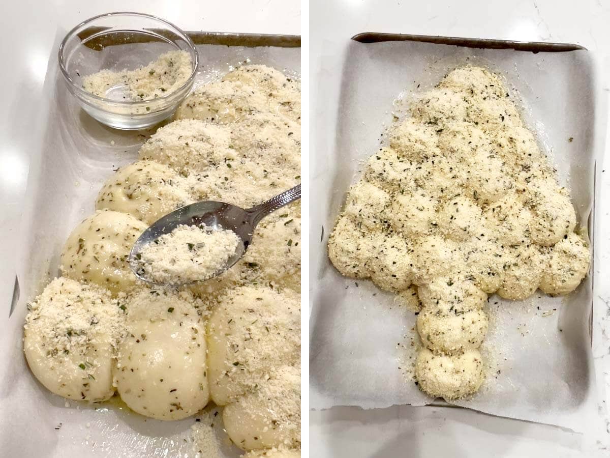 spooning parmesan on roll dough, assembled uncooked tree of dough balls.