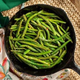 cooked Green Beans in a cast iron skillet