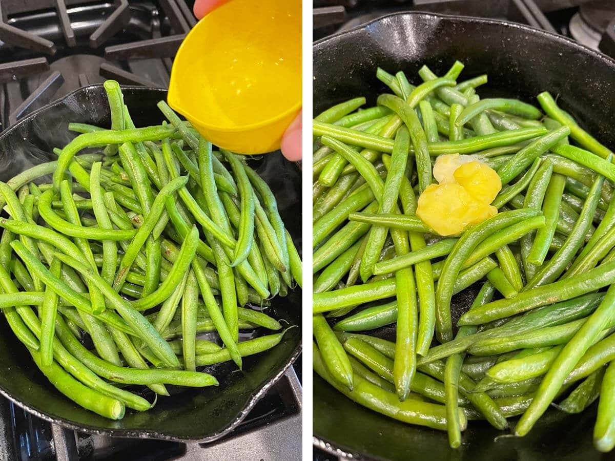 adding water to green beans in skillet, butter added to beans.